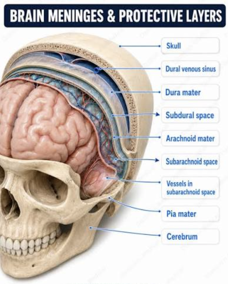 Brain meninges and protective layers